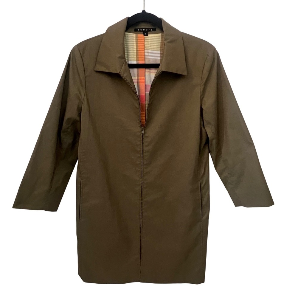 Theory Vintage Trench Coat Lined. Zip Front.Olive Green Women Large. Made in USA